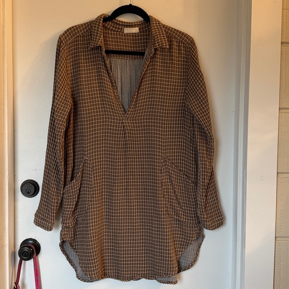CP Shades Teton tunic top brown plaid cotton gauze boho small